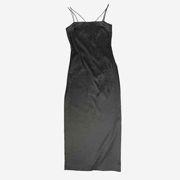 Vintage 90s y2k Byer Too! Black satin floral beaded maxi dress prom minimalist S - Picture 8 of 12